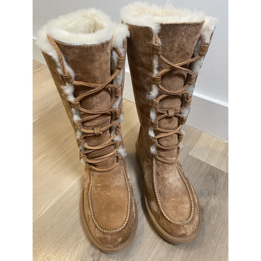 UGG Appalachin Suede Shearling Lace Up Knee High Boots Brown Women's US 7